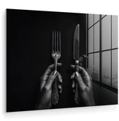MuchoWow® Glasschilderij 40x30 cm - Schilderij acrylglas - Bestek - Zwart - Wit - Foto op glas - Muurdecoratie woonkamer - Wanddecoratie slaapkamer - Schilderijen