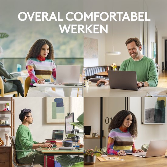 Collage van vier mensen die comfortabel thuis of op kantoor werken aan hun laptops. Twee vrouwen en twee mannen. Een tekst overlay zegt 'OVERAL COMFORTABEL WERKEN'.