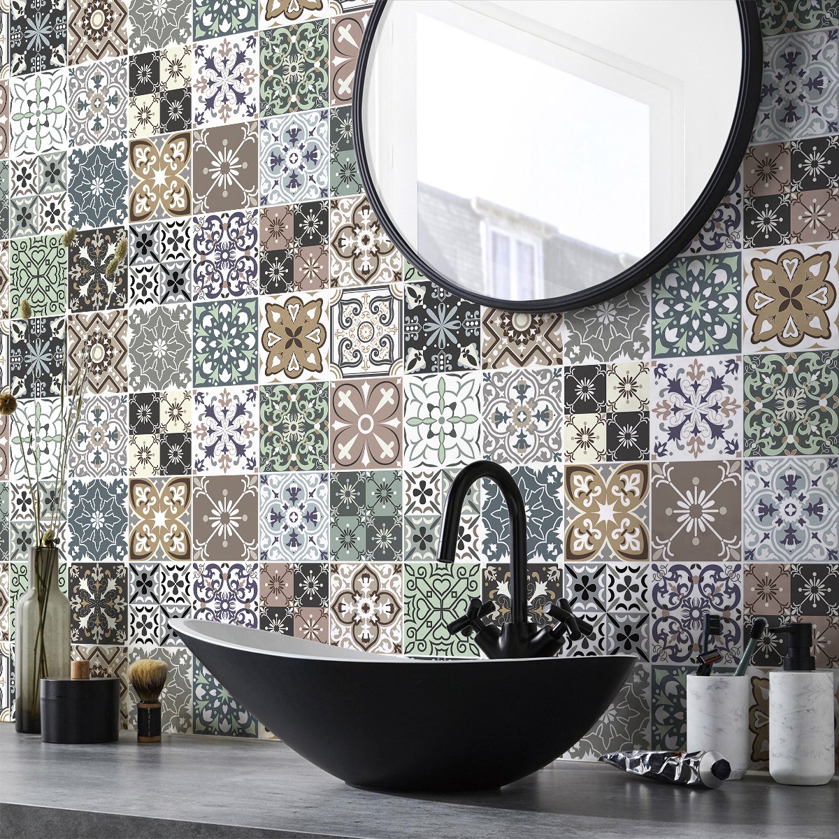 Ambiance Sticker Zelfklevende tegelmuurstickers voor keuken en badkamer - 24 maritieme Azulejos cementtegelstickers - 24 stickers, 15x15cm Multi color