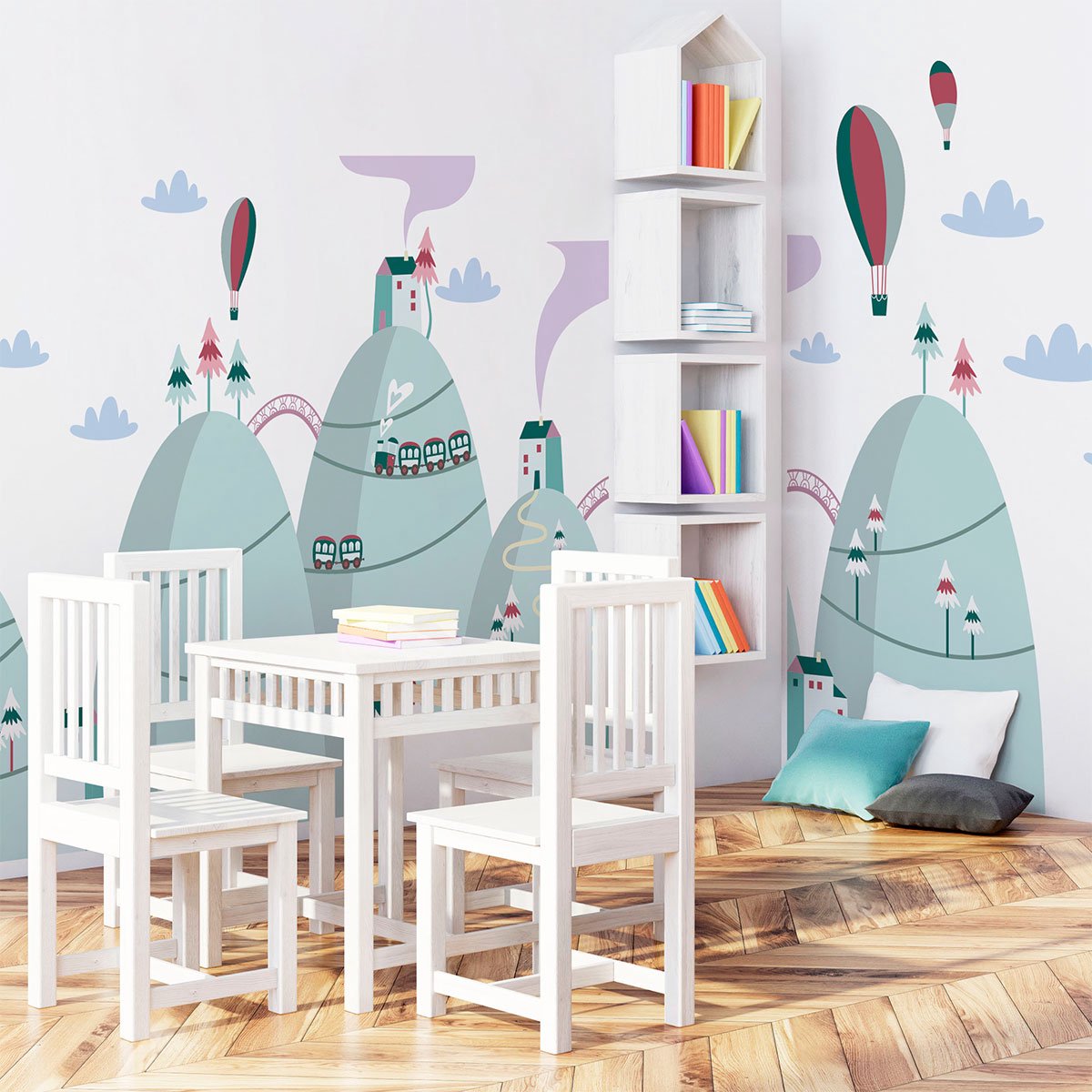 Ambiance Sticker Scandinavische bergstickers met spectaculaire heteluchtballonnen, 50 x 75 cm Multi color
