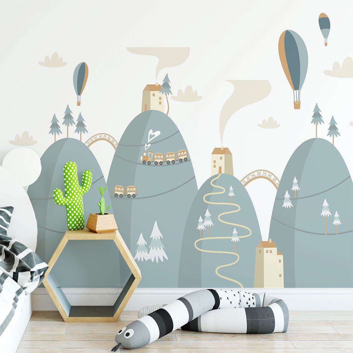 Ambiance Sticker Scandinavische bergstickers met heteluchtballonnen hoog in de lucht, 40 x 60 cm Multi color