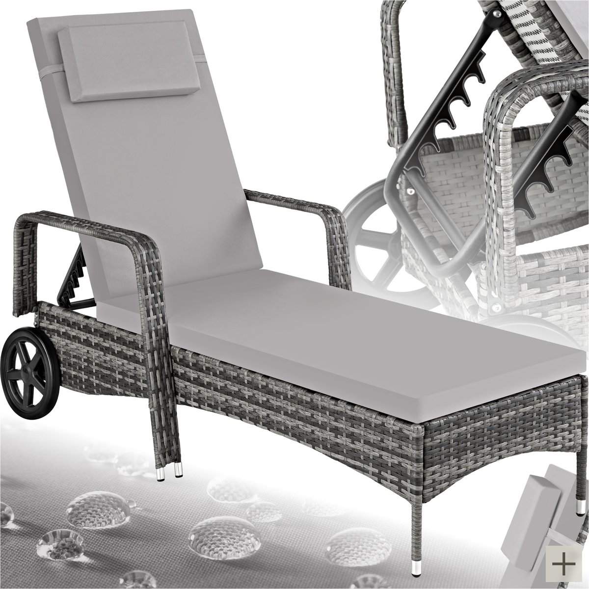 tectake® - Wicker ligbed met compact rubberen wielen en armleuningen - Rugleuning verstelbaar in 6 standen - Incl. lig- en hoofdkussen - Weerbestendig zonnebed - grijs