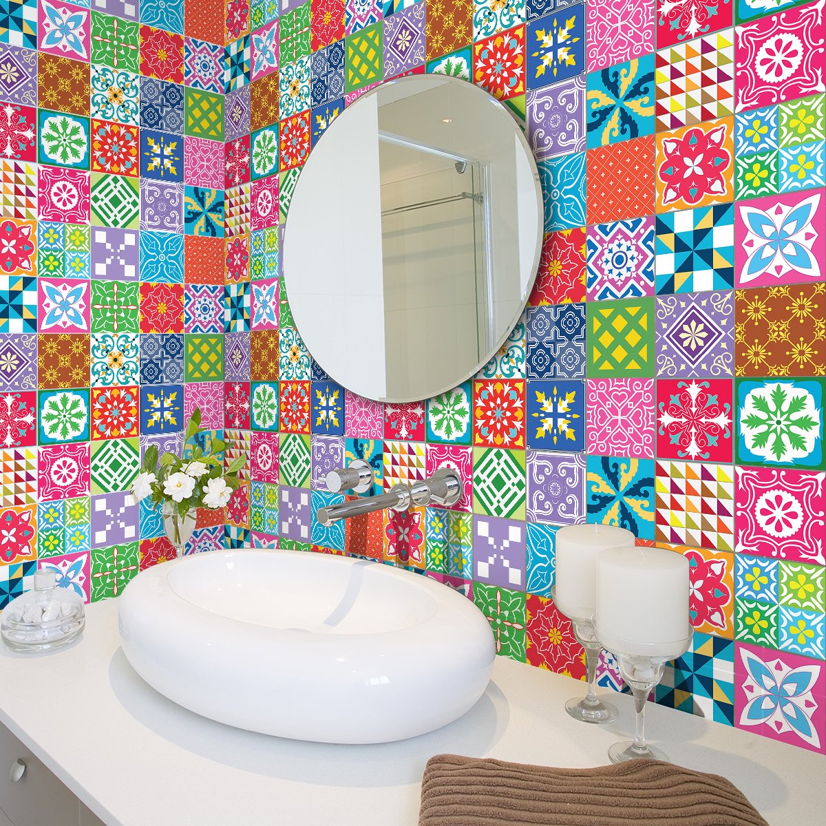 Ambiance Sticker Zelfklevende tegelmuurstickers voor keuken en badkamer - 30 Azulejos Alexidina cementtegelstickers - 30 stickers 15x15cm Multi color