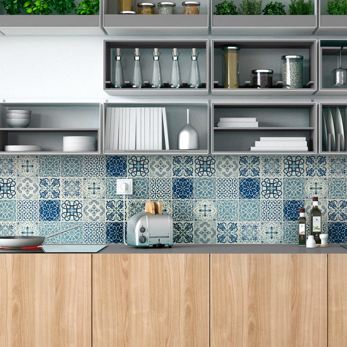 Ambiance Sticker Zelfklevende tegelmuurstickers voor keuken en badkamer - 9 tegelstickers, Azulejos Emiliano-stijl - 9 stickers, 15x15 cm Multi color