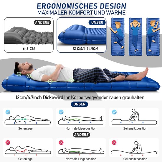 Zelfopblazend, 12 cm hoog, luchtmatras, camping, klein verpakkingsformaat, opblaasbaar matras met voetpomp, zelfopblaasbare slaapmat voor outdoor, wandelen, tent, rugzak van Unigear — afbeelding 4