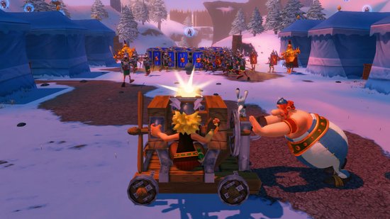 Obelix duwt een katapult met Asterix erin. Een leger Romeinse soldaten staat op de achtergrond.