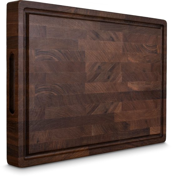 Planche à découper professionnelle KAAMUT® - Noyer noir Massief - 40 x 27,5 x 3,5 cm - Extra épaisse et durable - Rainure et poignées en sève - Pieds antidérapants inclus - Coffret cadeau de Luxe