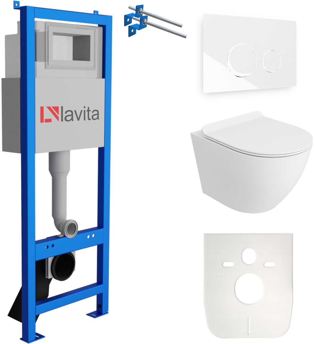 LAVITA® Inbouwreservoir Complete Toiletset LAV 101 - Inbouw WC Hangtoilet Wandcloset SOFI SLIM WHITE MAT - Bedieningsplaat 200.4.1 Wit - Voorwandelement voor toilet 40cm - Installatiesysteem