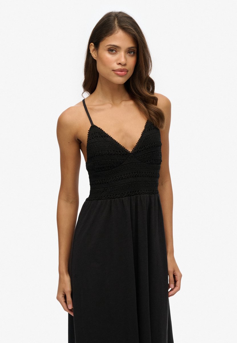 Superdry Jersey maxi-jurk met kant Dames Jurken Zwart
