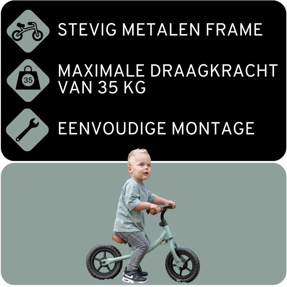 Hippiez Metalen Loopfiets Worker Ocean Green vanaf 2 jaar - Groene Blauwe Loop Fiets - Verstelbaar Zadel en Stuur - Voor Jongens en Meisjes - Compact en Veilig - Lage Instap — afbeelding 3