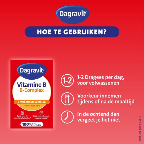 Instructies voor Dagravit B-Complex met iconen voor dosering, maaltijd en tijdstip.