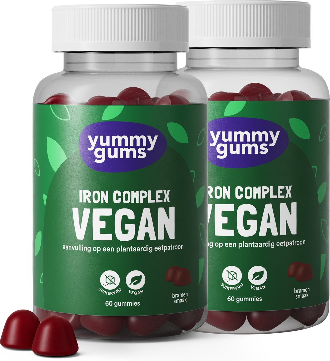 Goedkoopste Yummygums • 2x Ijzer veganisten gummies • Suikervrij • Met calcium en b12 • 2x 60 gummies