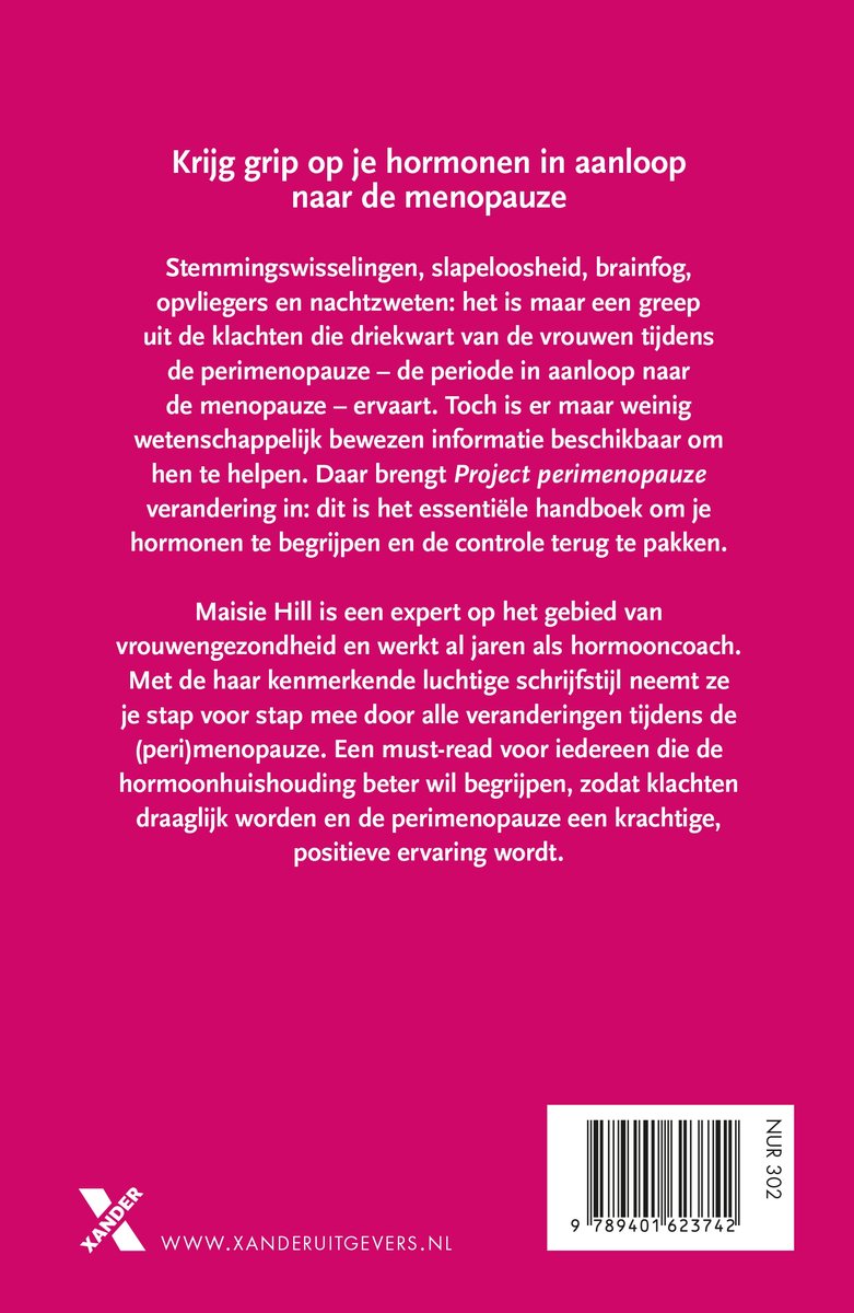 Boek 'Krijg grip op je hormonen in aanloop naar de menopauze' met tekst en een subtiele Xander logo.