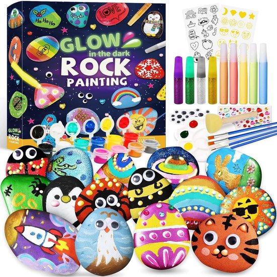 Knutseldoos Zelfmaakset - 3D Stenen schilderset - Happy stone pakket - schitteren in de nacht- Kinderstenen schilderset-rock painting-10 stuks stenen-Knutselpakket-Met 12 Kleuren-Penseel-paascadeau-voor Pasen - Creatieve set