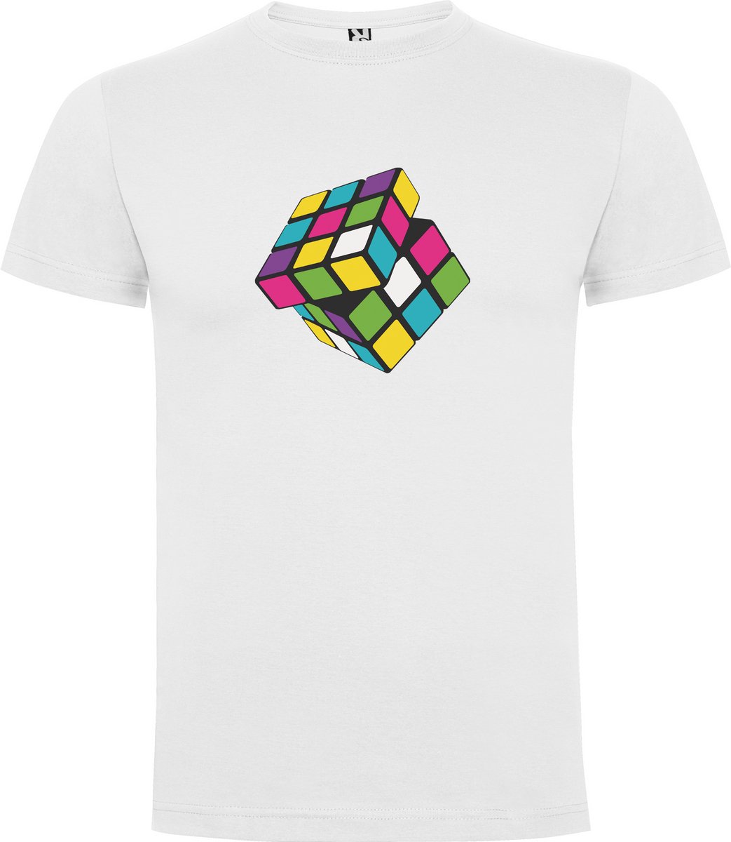 Wit T-Shirt met “Kleurrijke DE Kubus – Puzzel – Rubik - Retro – 80's “ Print Full Color Maat S