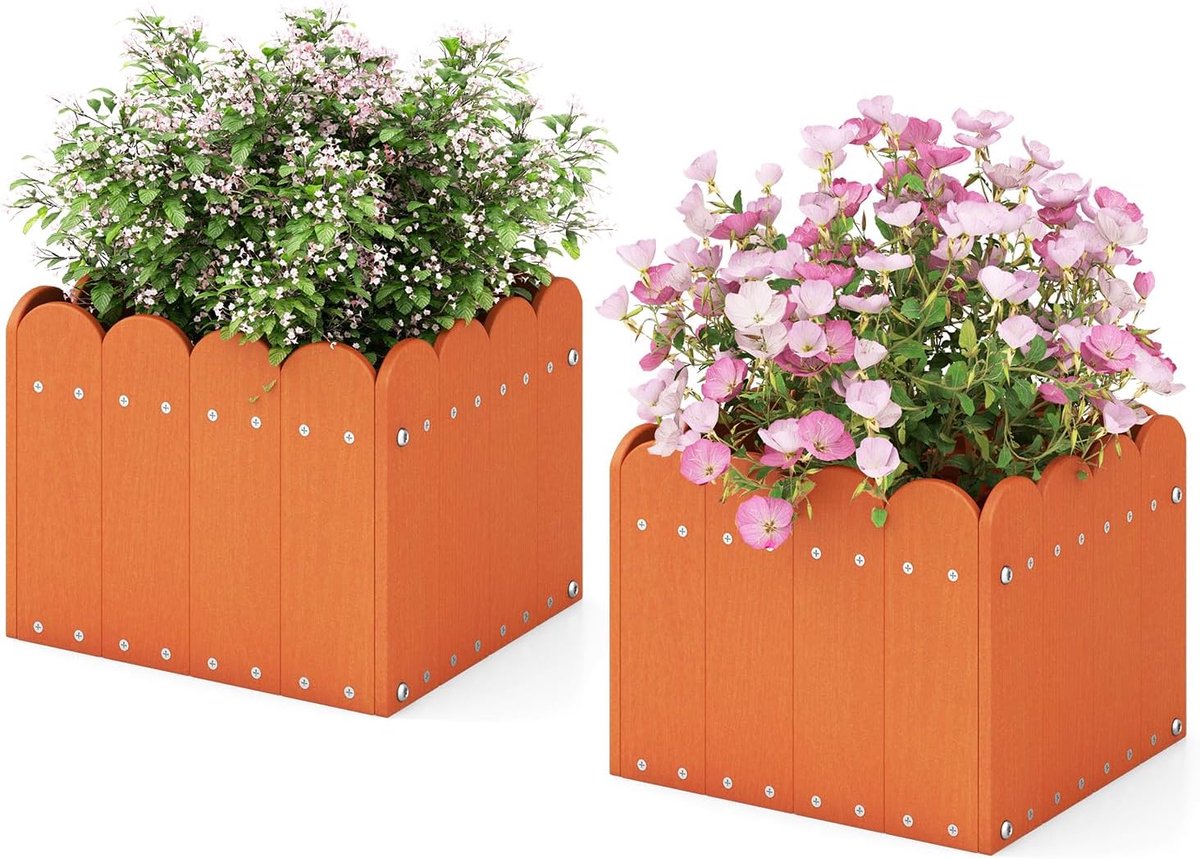 COSTWAY Plantenbak, 2 stuks, weerbestendig, HDPE, tuinbloembak rechthoekig, bloembed met afvoergaten, verhoogd bloembed, plantenbed, plantenbak, bloembak (32 x 30 x 25 cm, oranje)