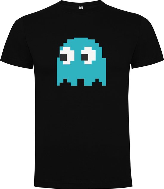 T-shirt noir avec un imprimé pixelisé d'un fantôme Pac-Man bleu.
