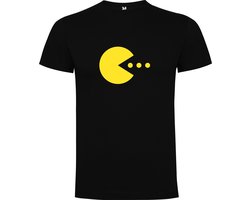 Zwart T-Shirt met “Kleurrijke PacMan happertje – Spel – 80's – Humor – Retro “ Print Full Color Maat XL