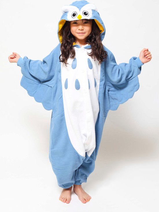 KIMU Onesie Blauwe Uil Pak - Maat 128-134 - Uilenpak Kostuum Blauw - Vogelpak Kinder Pyjama Jumpsuit Huispak Jongen Meisje Fleece Overall Carnaval Carnavalspak