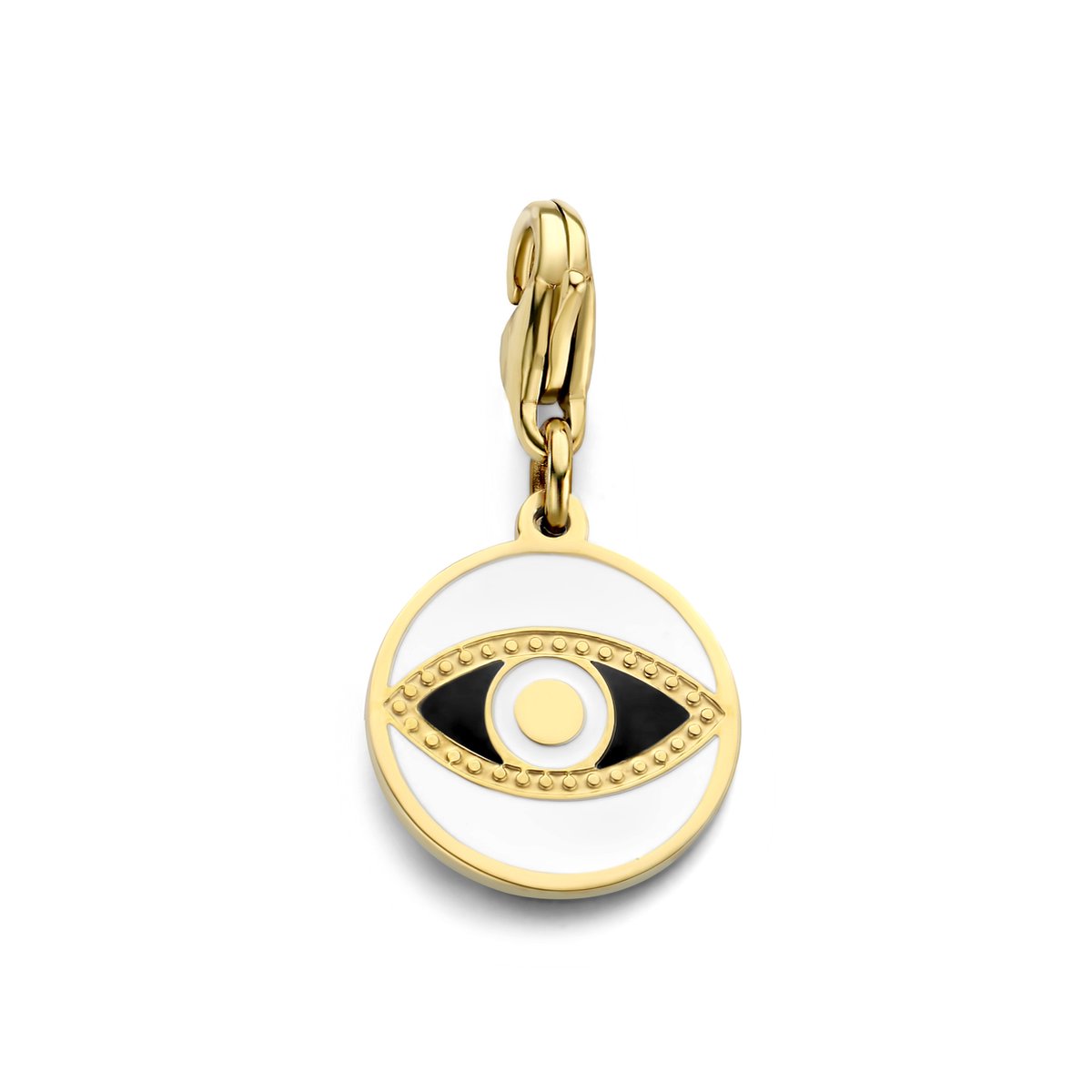 CO88 Collection 8CH-00029 Stalen Bedel - Oog - Zwart en Wit Emaille - 15 mm - Carabijnhaak - Goudkleurig