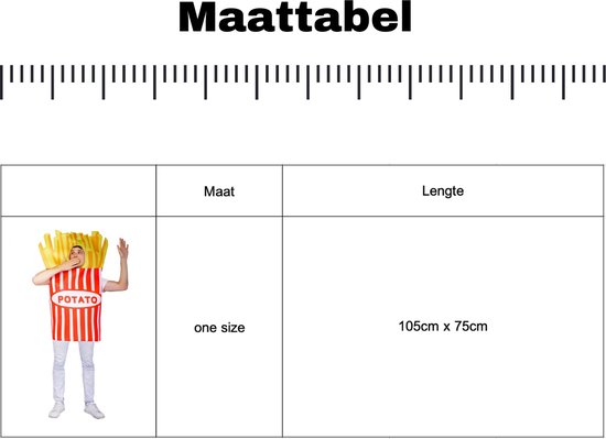 Maattabel met een afbeelding van een man in een frietkostuum.
