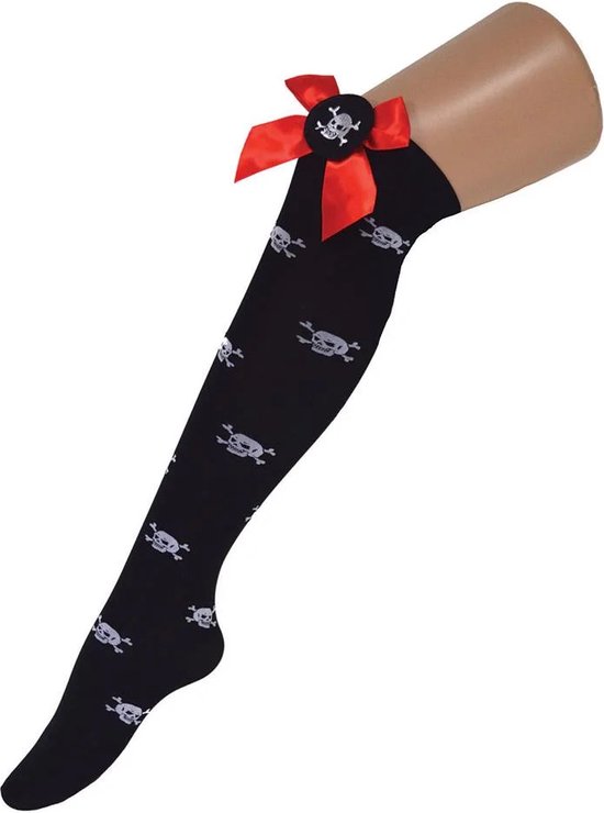 Overknee kousen - schedels met rode strik - one size