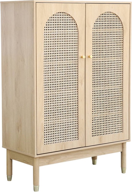 sweeek - Schoenenkast / klein dressoir met 2 deuren en rotan judith, 20 paar schoenen, 4 planken, voeten van rubberhout met gouden afwerking