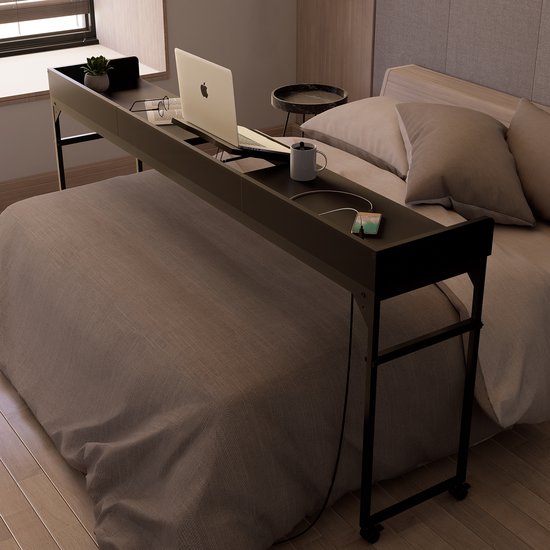 DreamDesk Bedtafel Op Wielen Verstelbare Tafel Voor Over Bed Bed Tafel - 213 cm - Bedtafels - Verrijdbaar - Laptoptafel met wielen - Bedtafeltje - Verstelbaar - Laptop - Overbed tafel - Sta Bureau - Midnight Black