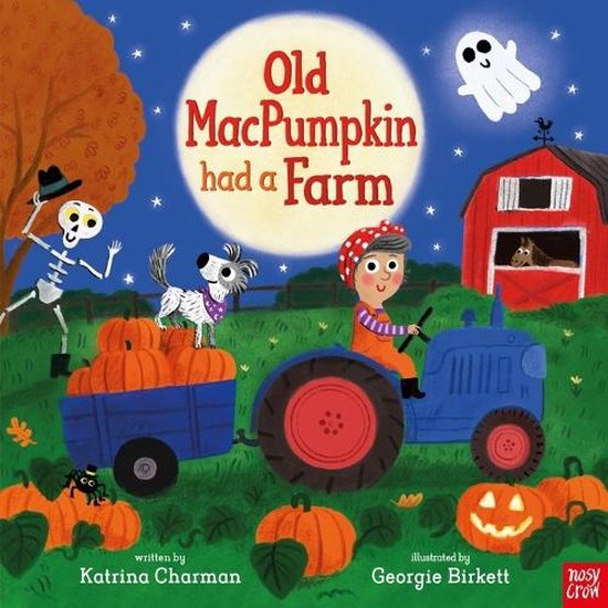 Boekomslag Old MacPumpkin had a Farm met een boer op een blauwe tractor, pompoenen, een skelet en een geest.