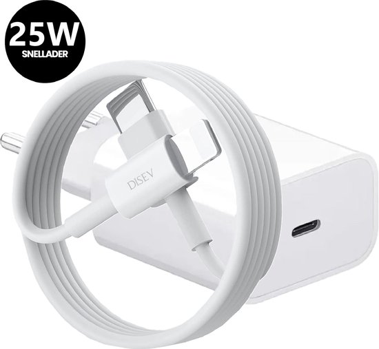 DISEV - 25W Super Snellader - Geschikt voor Iphone en Ipad oplader - 1 Meter Oplaadstekker - Geschikt voor 14/13/12/11/Xr/Xs/Xs Max/8/8 Plus/ Pro