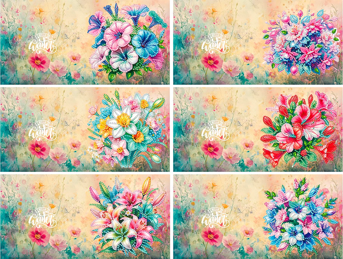 Adorzy Diamond Painting Kaarten Bloemen – 6 Wenskaarten met envelop - Diamond Painting Volwassenen – Diamond Painting Volledig Pakket — afbeelding 2