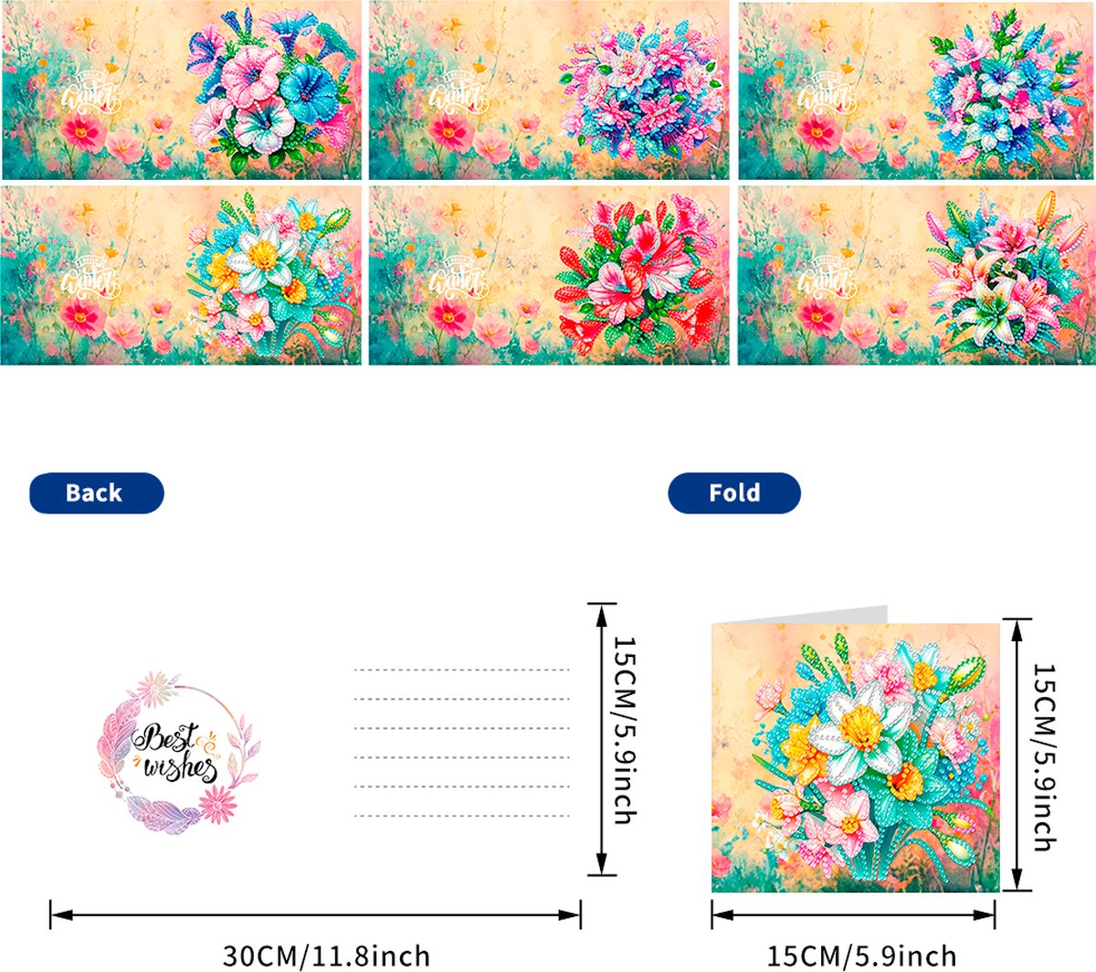 Adorzy Diamond Painting Kaarten Bloemen – 6 Wenskaarten met envelop - Diamond Painting Volwassenen – Diamond Painting Volledig Pakket — afbeelding 3