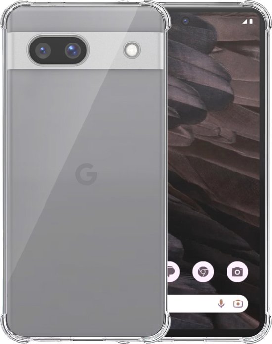 Transparante hoes voor Google Pixel 7A, met camera-eiland en Google-logo.