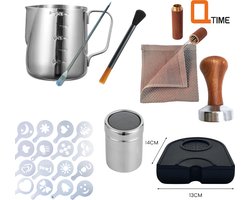 Q-time Premium Koffiestamper Espresso Tamper 58 mm Houten Handvat Espresso-Tamper Set Koffiepers Stempel - Melkkannetje(350ml) - Art pen - Strooibus met sjablonen en Koffiekam - Barista Set compleet.