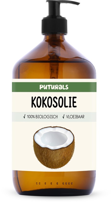 Puturals kokosolie in bruine glazen fles met pomp. Label toont kokosnoot, "100% BIOLOGISCH" en "VLOEIBAAR".