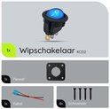 Onderdelen van een wipschakelaar KCD2: schakelaar met blauw lampje, paneel, kabel en vier schroeven.
