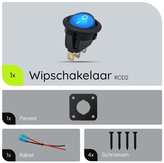 Onderdelen van een wipschakelaar KCD2: schakelaar met blauw lampje, paneel, kabel en vier schroeven.