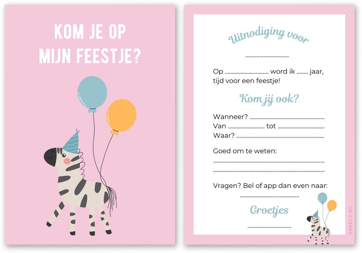 Uitnodiging kinderfeestje zebra - 10 stuks - Uitnodiging verjaardag - Inclusief enveloppen - Uitnodiging zebra feestje - Dierenfeestje