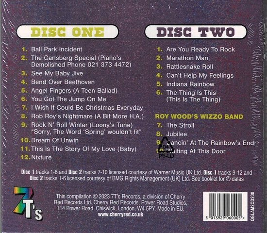 CD-hoes met 'DISC ONE' en 'DISC TWO' en tracklijsten. Tekst 'ROY WOOD'S WIZZO BAND'.