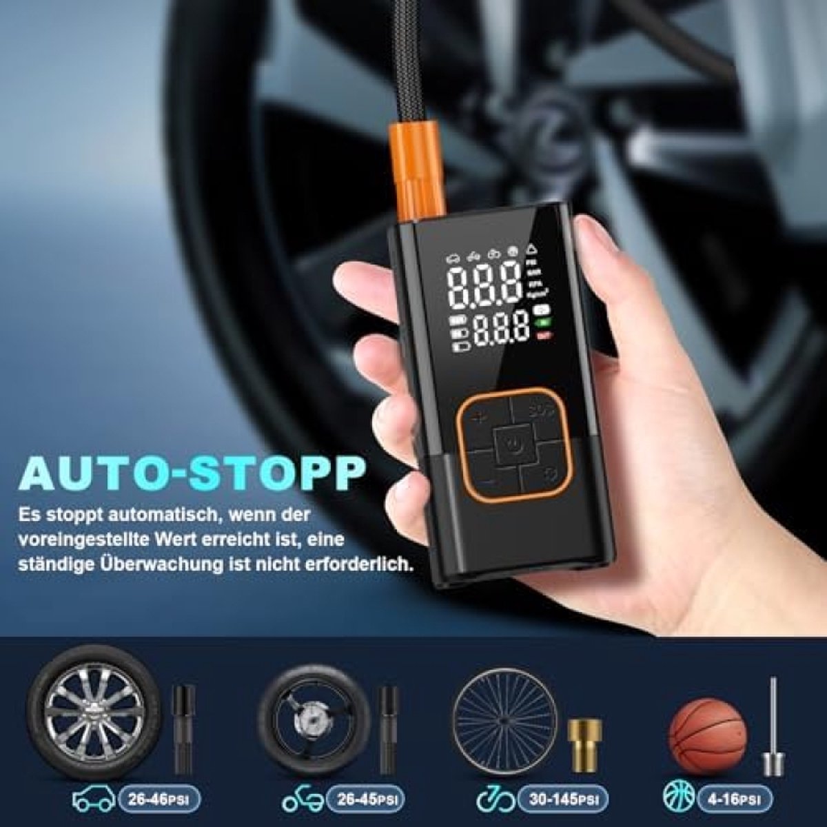 XVAWO Elektrische luchtpomp Mini-compressor: fietspomp met digitaal display & oplaadbare accu voor auto, motor, fiets, e-bike en ballen