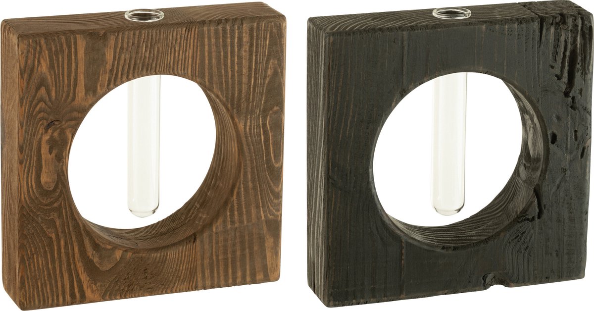 J-Line vaas 1 Bloem - hout/glas - bruin/zwart - 2 stuks - 20 x 20.5 cm Multi