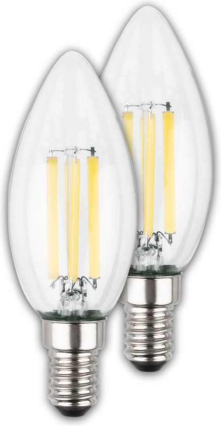 Deux ampoules claires en forme de bougie avec culot E14 et filament, sur fond blanc.