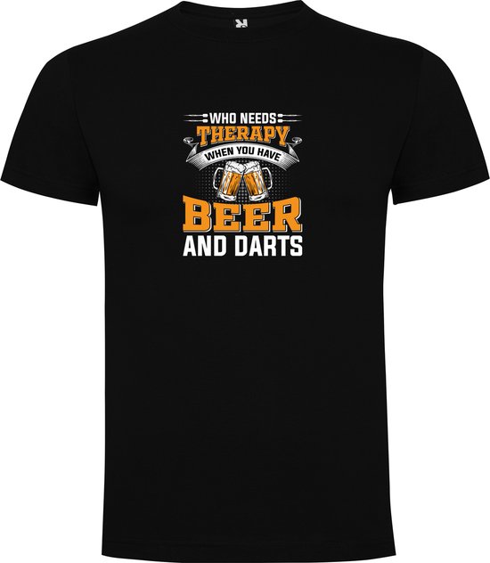 Zwart T-Shirt met “Who Needs Therapie - Beer - Darts“ Print Full Color Maat 2XL