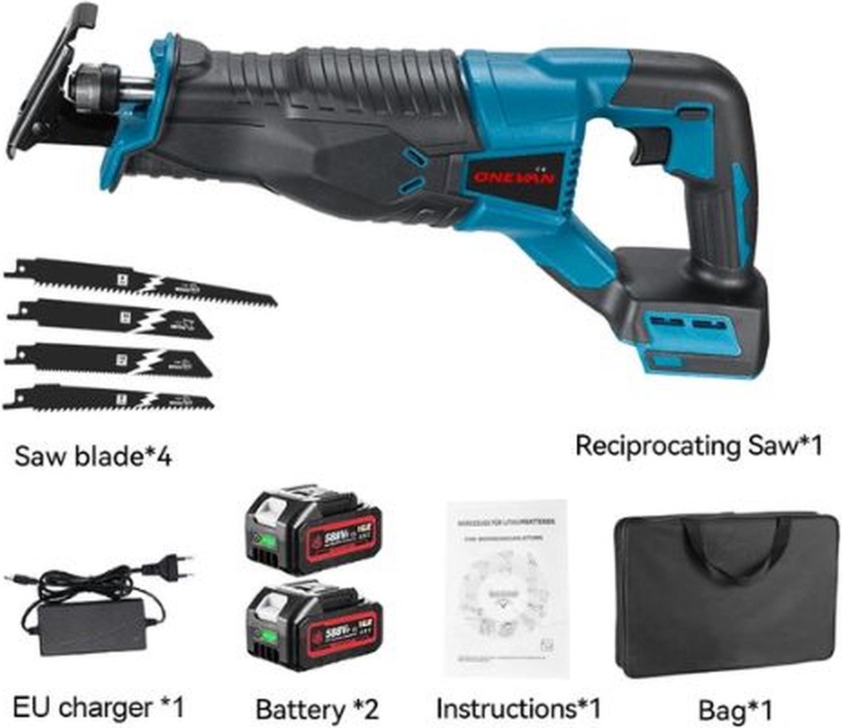 Reciprozaag - Elektrische Reciprozaag - Zaag - Met Accessoires - 2x Accu - Met Opbergtas - 4x Zaagbladen - Blauw