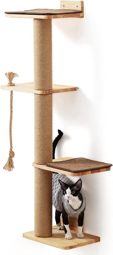 FUKUMARU krabpaal voor katten, 188 cm wandmontage, kattenboom met kattenbed, krabpaal, kattenborstel en krabmatte van jute, kattenkrabpaal van natuurlijk gomboomhout, pluche, lichtgrijs
