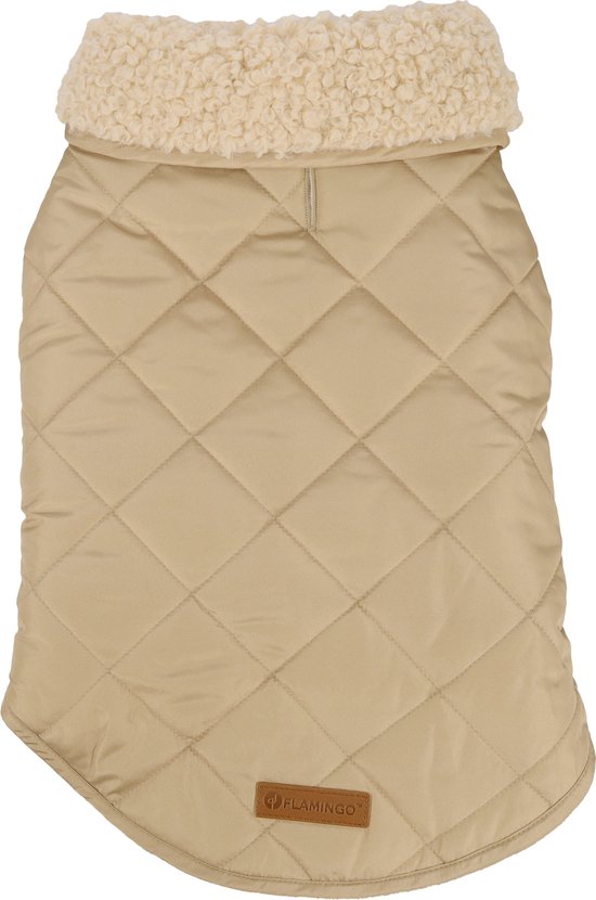 Beige, gewatteerde hondenjas met een opstaande beige teddy kraag en een bruin Flamingo logo.