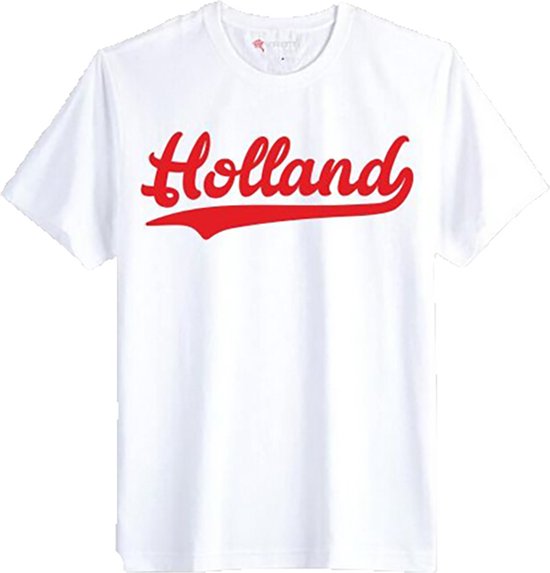 T-shirt blanc avec le texte rouge 'Holland' en police script.