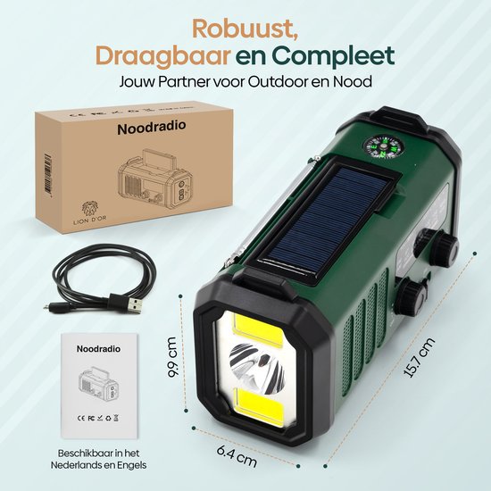 Groene noodradio met zaklamp, zonnepaneel, kompas en USB-kabel.