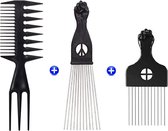 Maxenza Peigne Large 3 Voies - Peigne Afro - Peigne Afro - Peigne Afro - Peigne Afro Tuning Pik - Peigne de Coiffure - Peigne à Cheveux Accessoire pour Cheveux - Set de 3 Tailles et 3 Types - Zwart