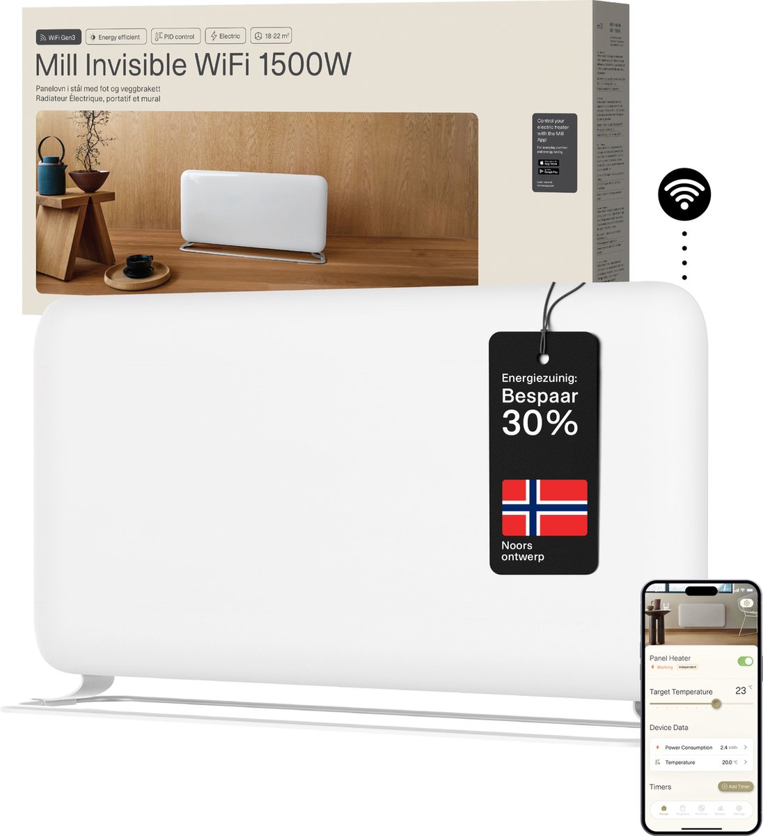 Mill PA1500WIFI3A - WiFi-geĂŻntegreerde stalen paneelverwarming - 1500 Watt - tot 22m2 - 100% stil - aan de muur of vrijstaand
